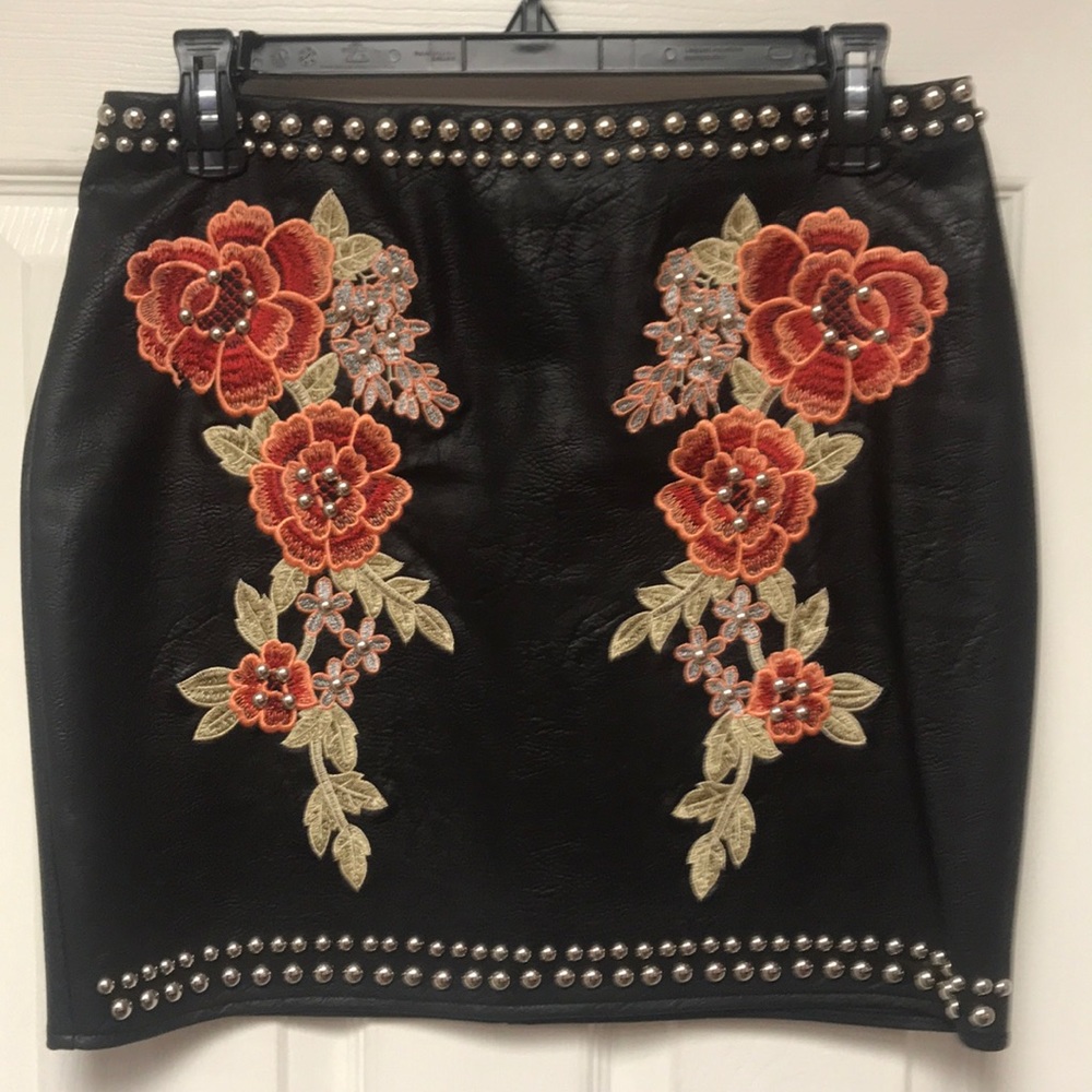 Black Leather Floral Silver Studded Mini Skirt